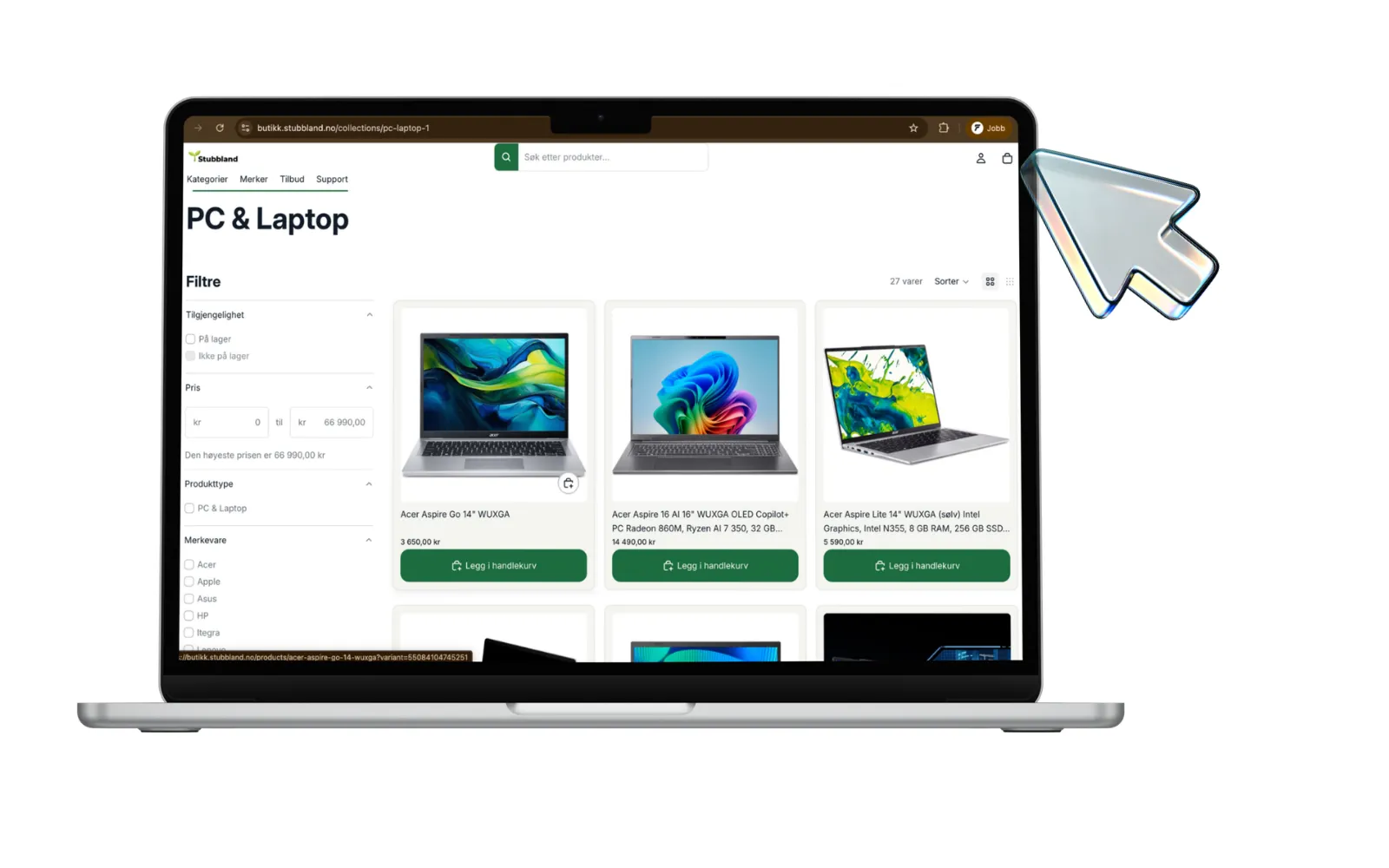 Nettbutikk vist på laptop med produktkategorier og handlekurv